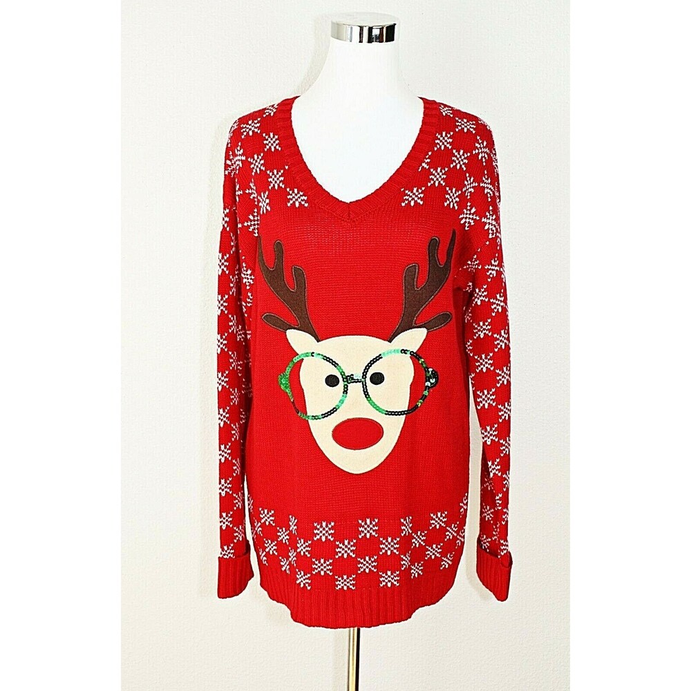 VTG TIARA INTERNATIONAL Ugly Christmas Sweater Pullover Sz. L Red Reindeer #04